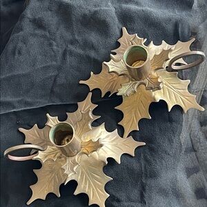 Antique,Elegant, Leaf Design, Brass,taper Candle Holders set. Made in India. EUC